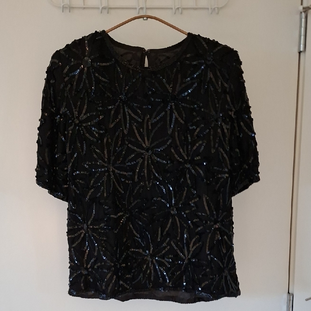 Vintage Women's Black Sequin & Bead Embellished Floral Print Top (Size S)